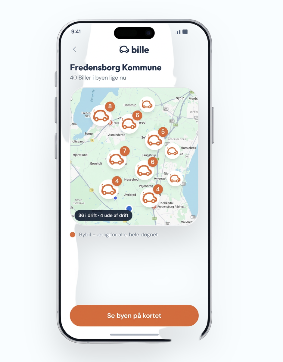 Bille-appen med kort over ledige biler