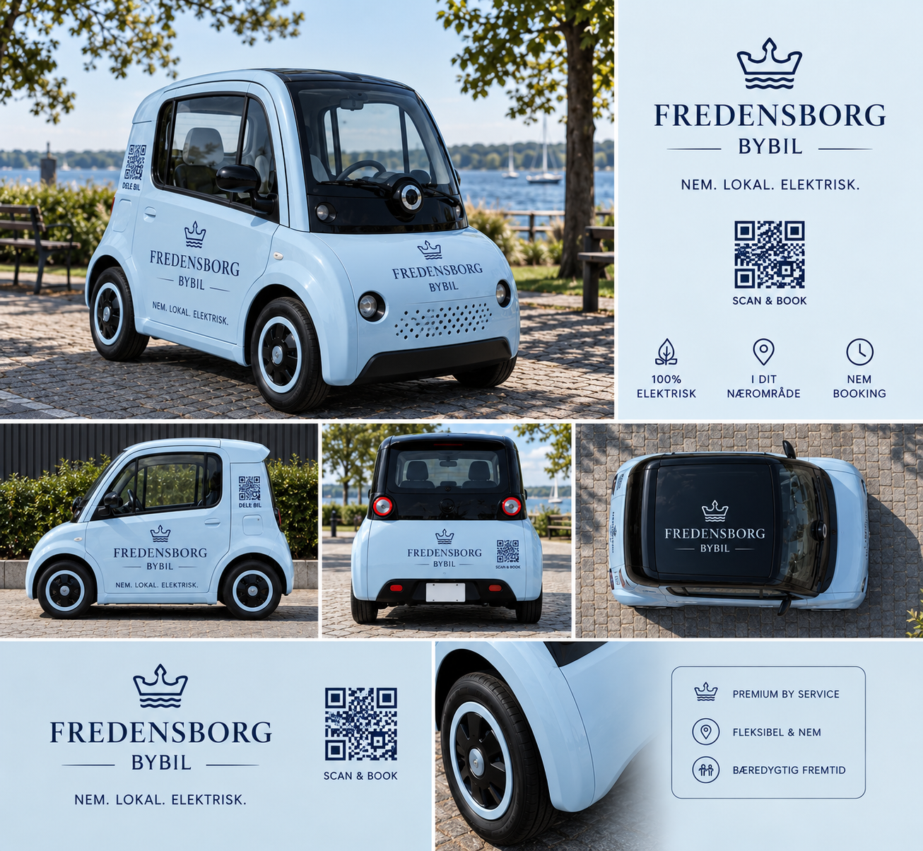 Fredensborg Bybil koncept – lyseblå micro-elbil med QR-kode