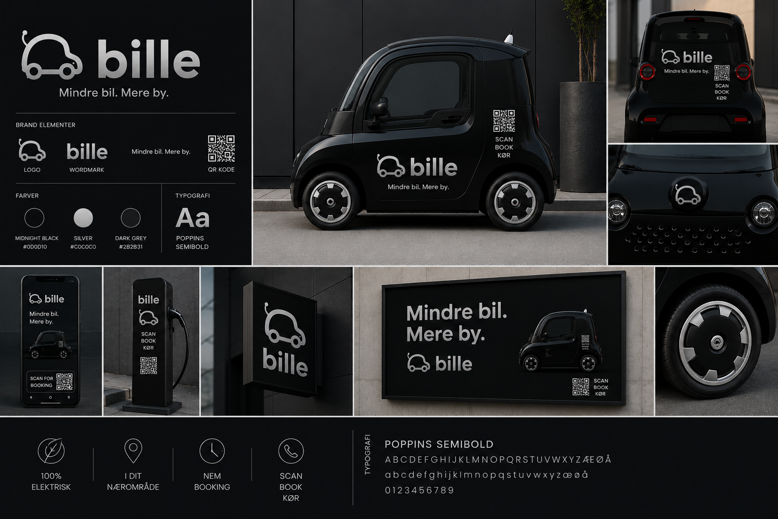 Bille branding guide med sort bil, logo, QR-kode og tagline Mindre bil. Mere by.